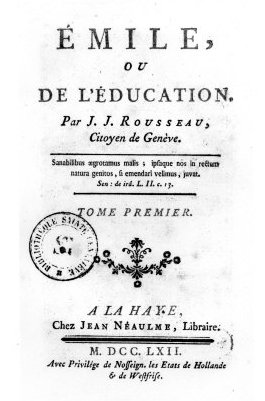 Strona tytułowa pierwszego wydania dzieła „Emil, czyli o wychowaniu”. Strona tytułowa pierwszego wydania dzieła „Emil, czyli o wychowaniu”. Źródło: Jean-Jacques Rousseau, 1762, domena publiczna.