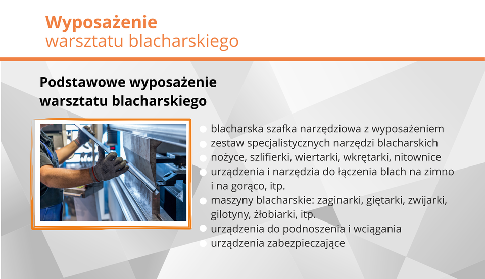 Grafika przedstawia elementy wyposażenia warsztatu blacharskiego.