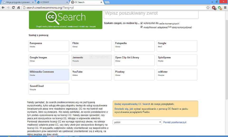 Zrzut okna wyszukiwarki search.creativecommons.org
