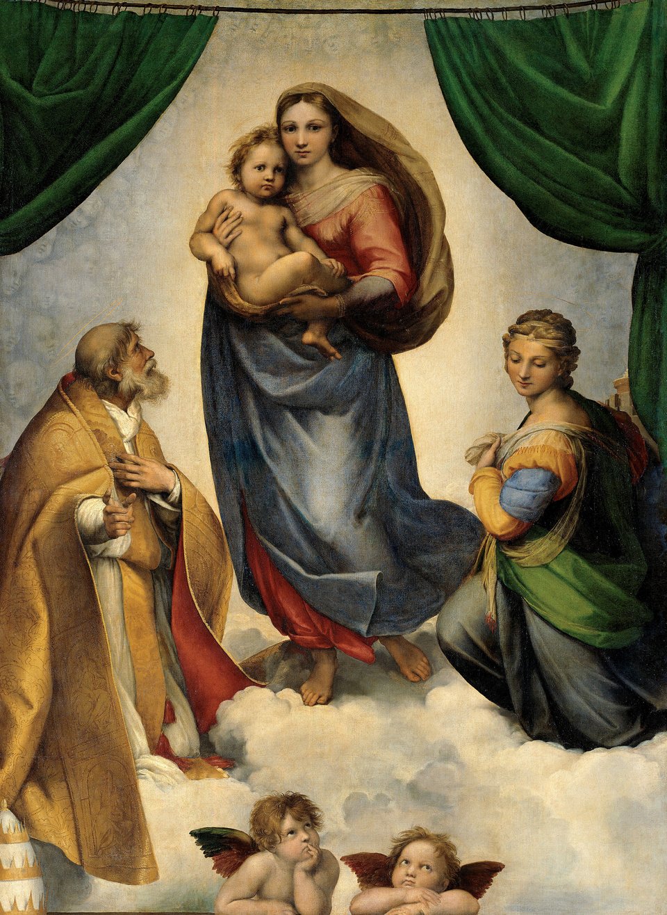 Madonna Sykstyńska Źródło: Rafael Santi, Madonna Sykstyńska , 1513-14, olej na płótnie, Galeria Obrazów Starych Mistrzów w Dreźnie, domena publiczna.