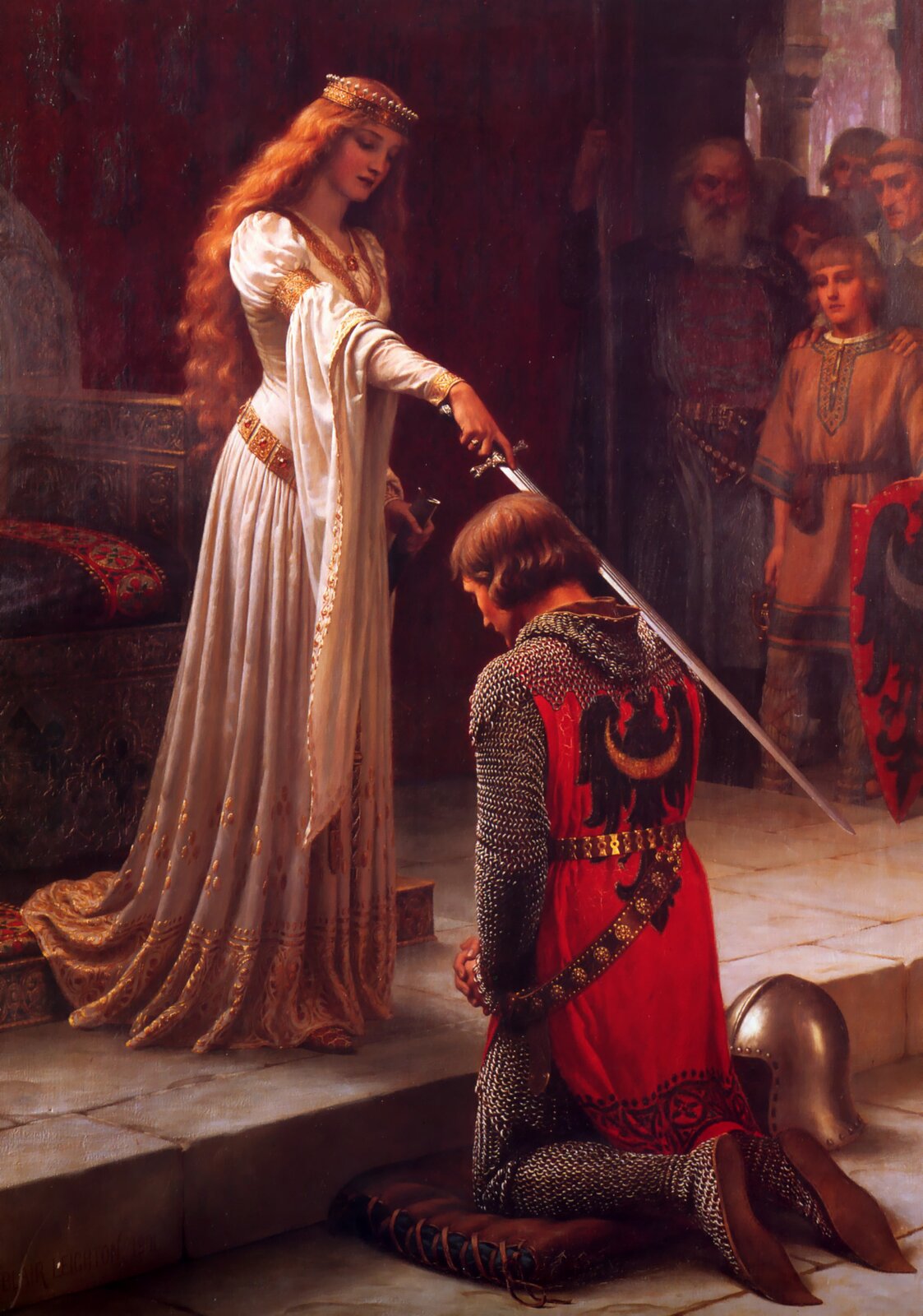 Akolada (Pasowanie na rycerza) Źródło: Edmund Blair Leighton, Akolada (Pasowanie na rycerza), 1901, olej na płótnie, domena publiczna.