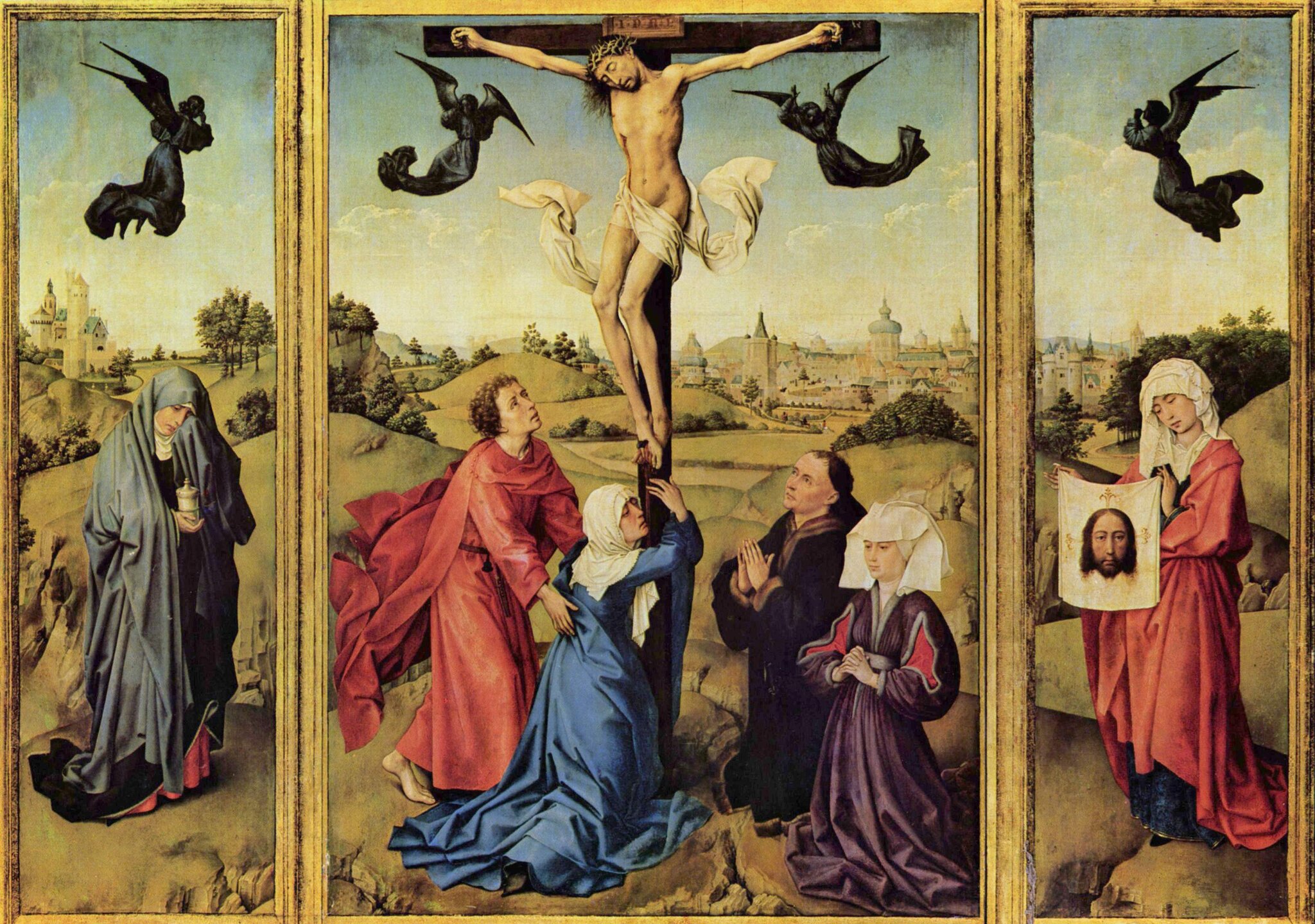 Ukrzyżowanie (tryptyk) Źródło: Rogier van der Weyeden, Ukrzyżowanie (tryptyk), 1440–1445, olej na desce, Muzeum Sztuki w Wiedniu, domena publiczna.