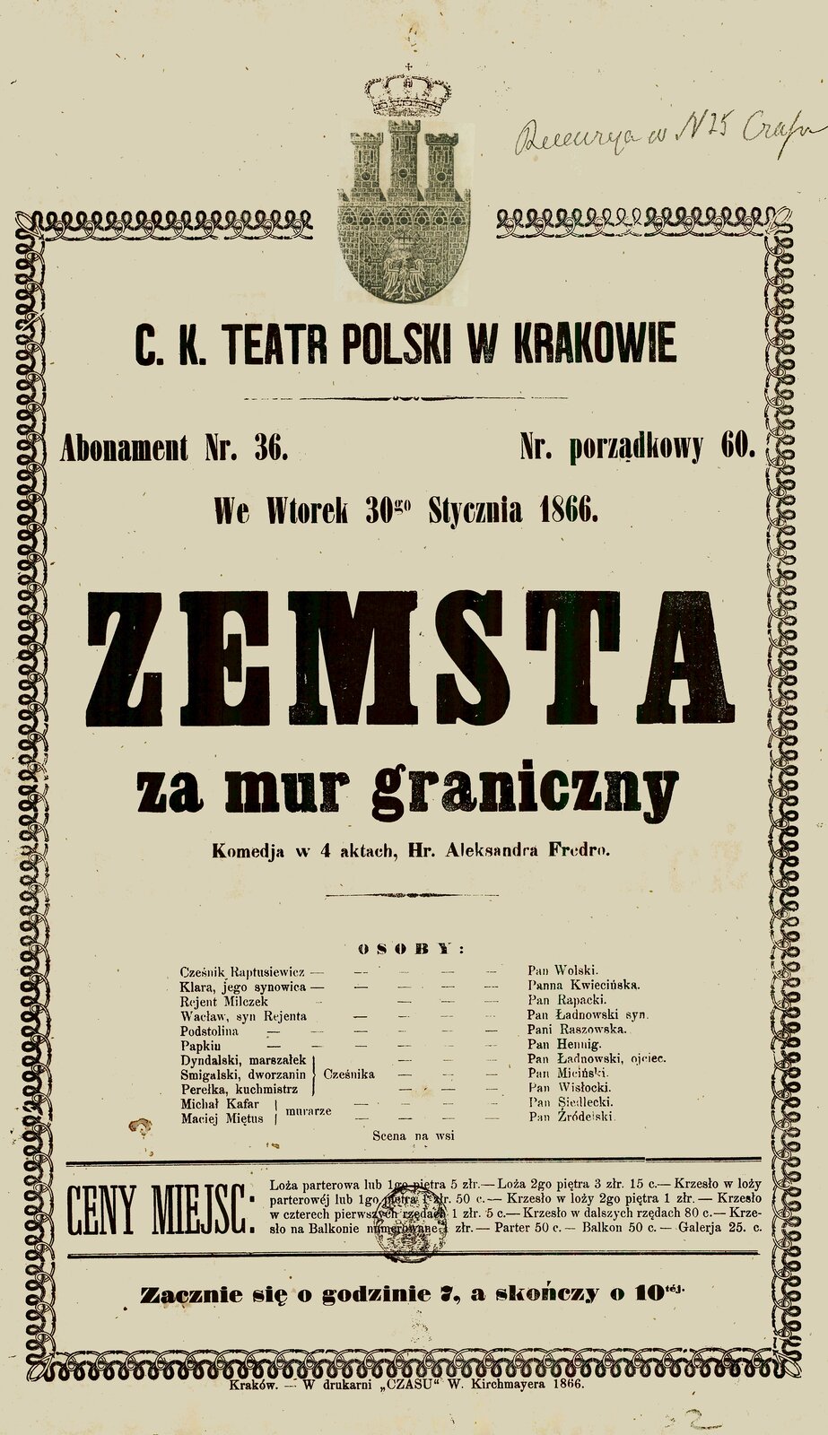Zemsta Źródło: Zemsta, 1866, afisz teatralny, domena publiczna.