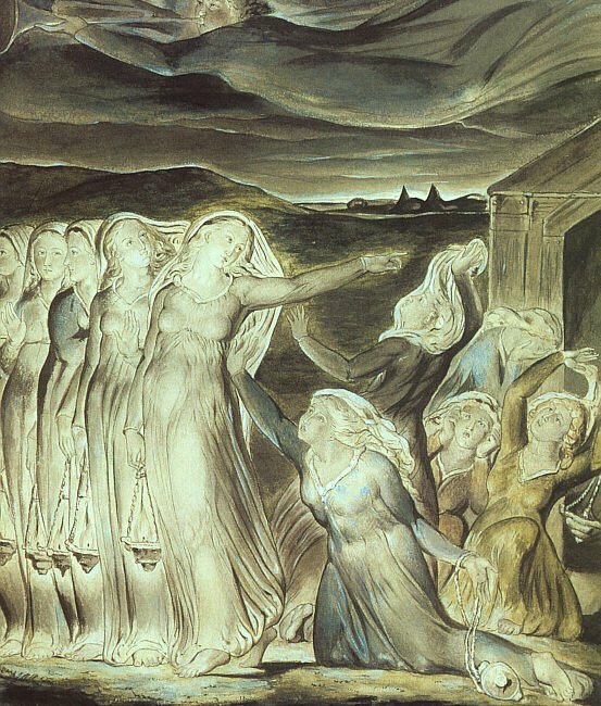 Przypowieść o pannach roztropnych i nieroztropnych Źródło: William Blake, Przypowieść o pannach roztropnych i nieroztropnych, 1822, Tate Gallery, Londyn, domena publiczna.