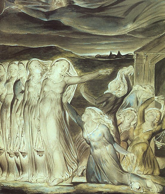 Przypowieść o pannach roztropnych i nieroztropnych Źródło: William Blake, Przypowieść o pannach roztropnych i nieroztropnych, 1822, Tate Gallery, Londyn, domena publiczna.