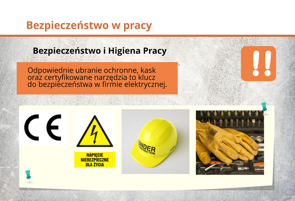 Ilustracja przedstawia odpowiednie ubranie ochronne, kask oraz certyfikowane narzędzia to klucz do bezpieczeństwa w firmie energetycznej.