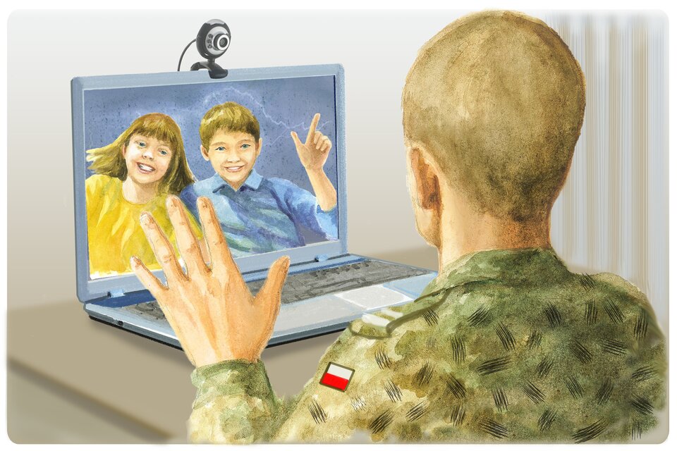 Ilustracja przedstawiająca ojca rozmawiającego z dziećmi za pomocą komunikatora