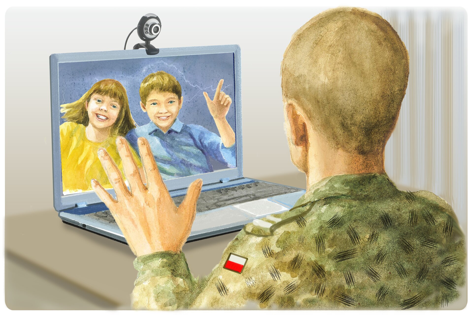 Ilustracja przedstawiająca ojca rozmawiającego z dziećmi za pomocą komunikatora