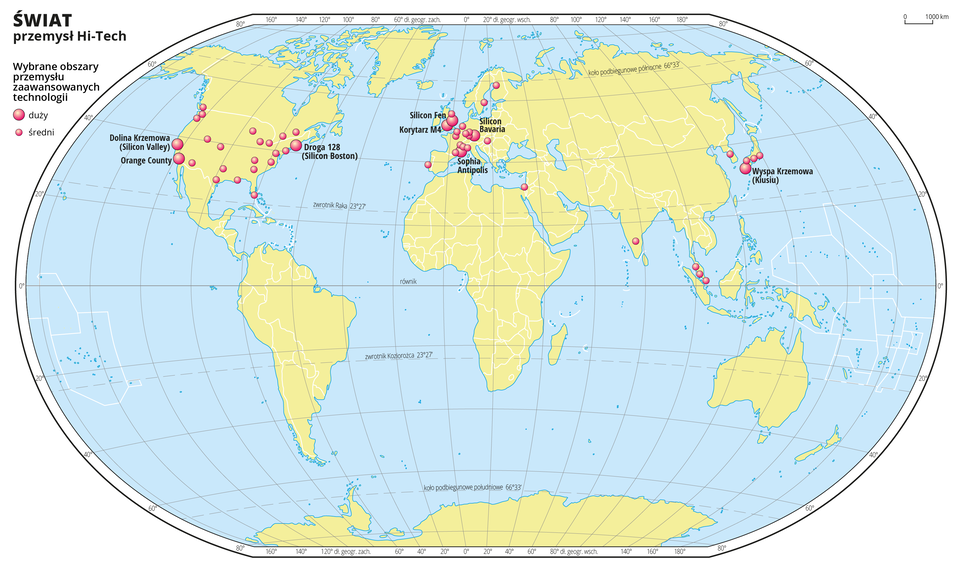 Ilustracja przedstawia mapę świata. Wody zaznaczono kolorem niebieskim. Na mapie za pomocą kół zaznaczono wybrane obszary przemysłu zaawansowanych technologii. Duże kółko obrazuje duże obszary, kółko mniejsze obrazuje obszary średnie. Opisano nazwy obszarów, na przykład Dolina Krzemowa, Wyspa Krzemowa.Duże sygnatury występują na zachodnim i wschodnim wybrzeżu Stanów Zjednoczonych, mniejsze porozrzucane są równomiernie na całym obszarze Stanów Zjednoczonych. W Europie jest duże zagęszczenie sygnatur obydwu rozmiarów. W Azji przemysł zaawansowanych technologii skupiony jest w Japonii, Korei Południowej i Malezji.Mapa pokryta jest równoleżnikami i południkami. Dookoła mapy w białej ramce opisano współrzędne geograficzne co dwadzieścia stopni.Po lewej stronie mapy opisano użyte sygnatury.