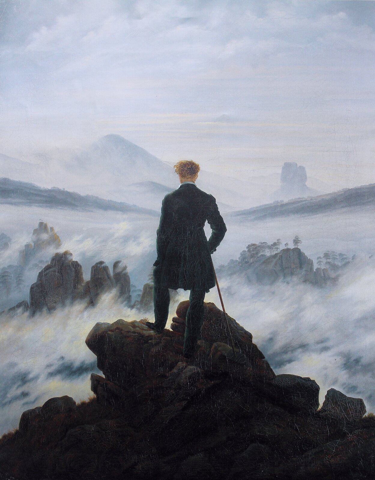 Wędrowiec nad morzem mgły Źródło: Caspar David Friedrich, Wędrowiec nad morzem mgły, 1818, olej na pótnie, Kunsthalle, Hamburg, domena publiczna.