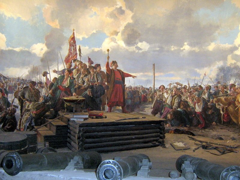 Rada kozacka na Siczy. Obraz A. Owieczkina prezentowany był w Muzeum na wyspie Chortycy. Rada kozacka na Siczy. Obraz A. Owieczkina prezentowany był w Muzeum na wyspie Chortycy. Źródło: domena publiczna.