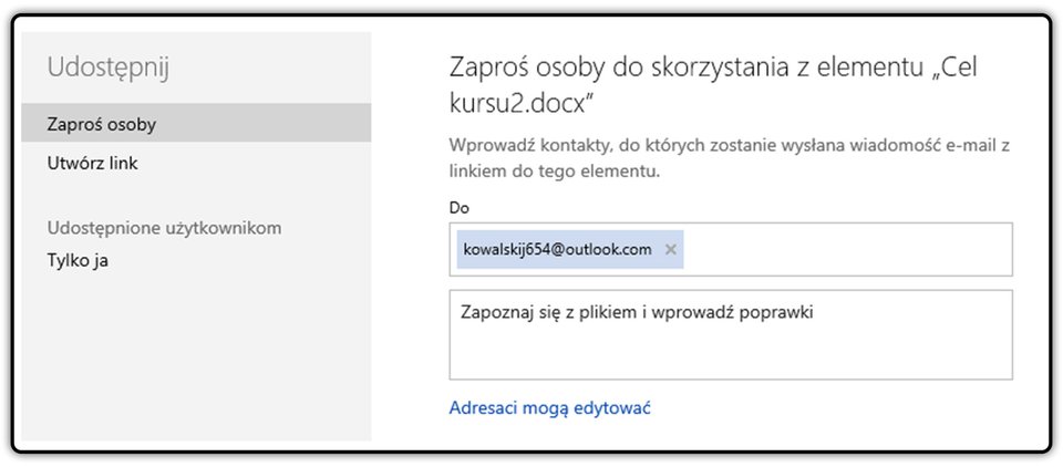 Zrzut okna: Udostępnij z zaznaczoną opcją: Zaproś osoby
