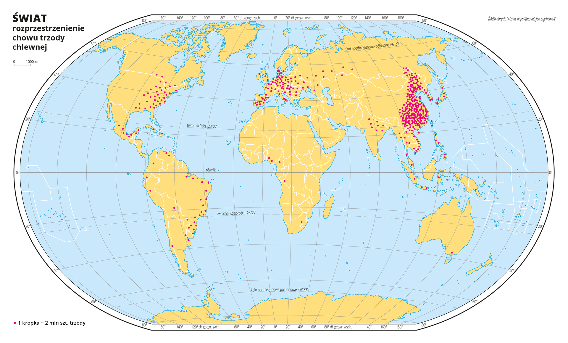Ilustracja przedstawia mapę świata. Wody zaznaczono kolorem niebieskim. Na mapie za pomocą czerwonych kropek przedstawiono rozprzestrzenienie chowu trzody chlewnej. Jedna kropka oznacza dwa miliony sztuk trzody chlewnej. Największe zagęszczenie kropek jest we wschodniej części Azji, dużo mniejsze zagęszczenie kropek jest we wschodniej części Ameryki Północnej i Ameryki Południowej oraz w Europie.Mapa pokryta jest równoleżnikami i południkami. Dookoła mapy w białej ramce opisano współrzędne geograficzne co dwadzieścia stopni.Po lewej stronie mapy objaśniono znak kropki użyty na mapie.