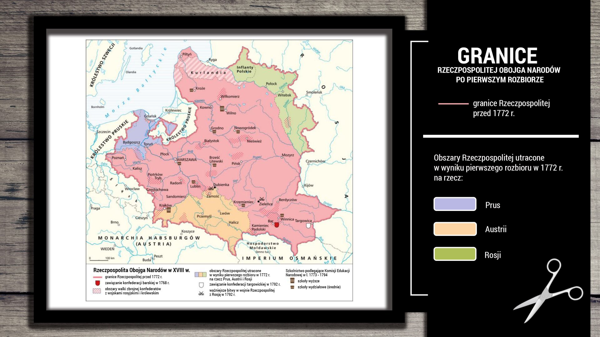 Na zamieszczonej ilustracji znajduje się mapa, która przedstawia granicę Rzeczpospolitej Obojga Narodów wraz z zaznaczonymi terenami, które Rzeczpospolita utraciła po pierwszym rozbiorze. Krainy geograficzne, które wchodziły w skład Rzeczpospolitej Obojga Narodów przed pierwszym rozbiorem w 1772 roku to między innymi: Mazowsze, Małopolska, Podlasie, Warmia, Wielkopolska, Litwa i Inflanty Polskie. Na mapie zaznaczone są tereny, które Rzeczpospolita straciła w wyniku pierwszego rozbioru. Na fioletowo zaznaczone są Kujawy i Pomorze, które zaczęły przynależeć do Prus. Zaznaczony na pomarańczowo południowy rejon Polski (obejmujący między innymi takie miasta jak Przemyśl, Zamość, Lwów) został zawłaszczony przez Austrię. Inflanty Polski zostały zajęte przez Rosję (na mapie zostały zaznaczone zielonym kolorem).