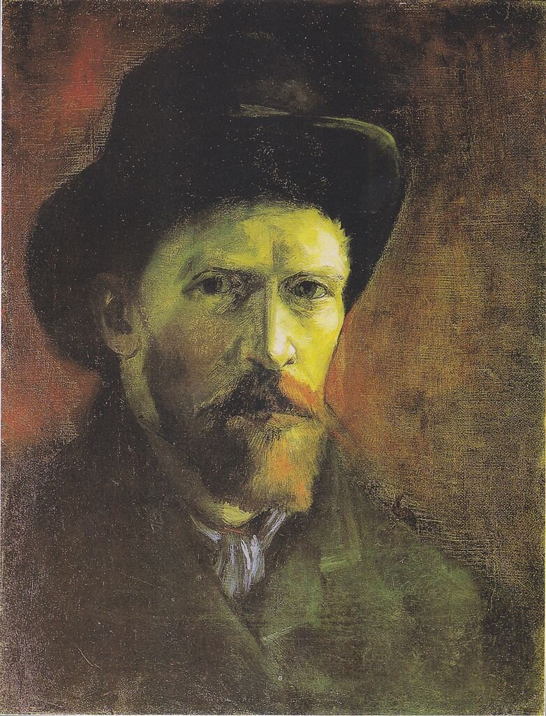 Autoportret w ciemnym pilśniowym kapeluszu Źródło: Vincent van Gogh, Autoportret w ciemnym pilśniowym kapeluszu, 1886, olej na płótnie, Van Gogh Museum, Amsterdam, domena publiczna.