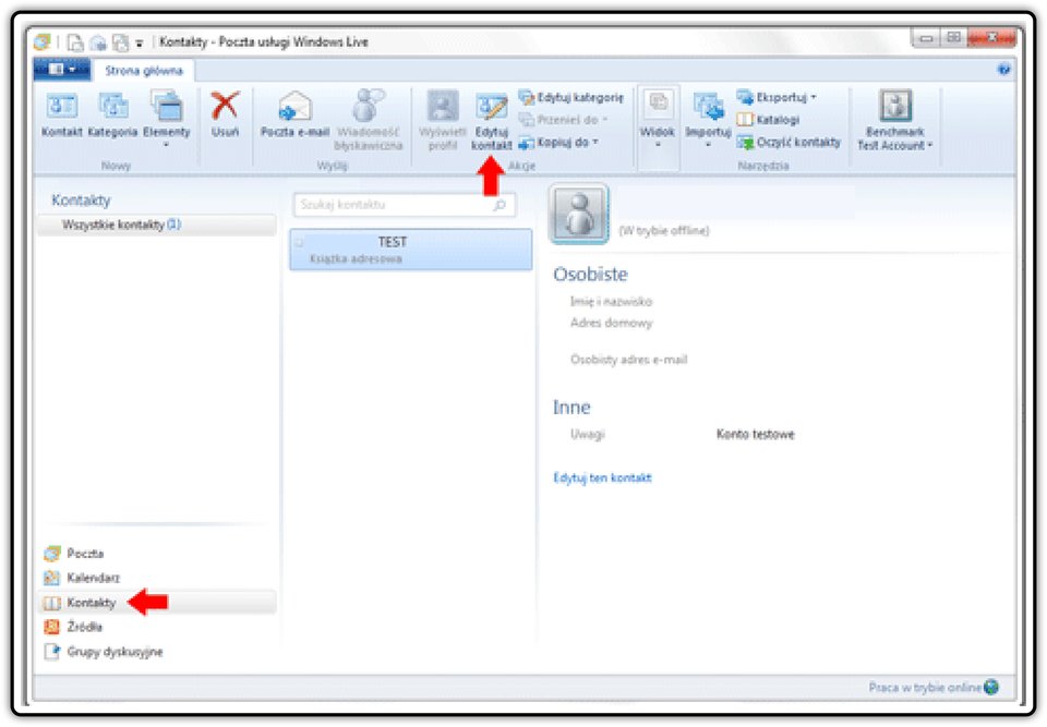 Zrzut okna Kontakty w usłudze Windows Live