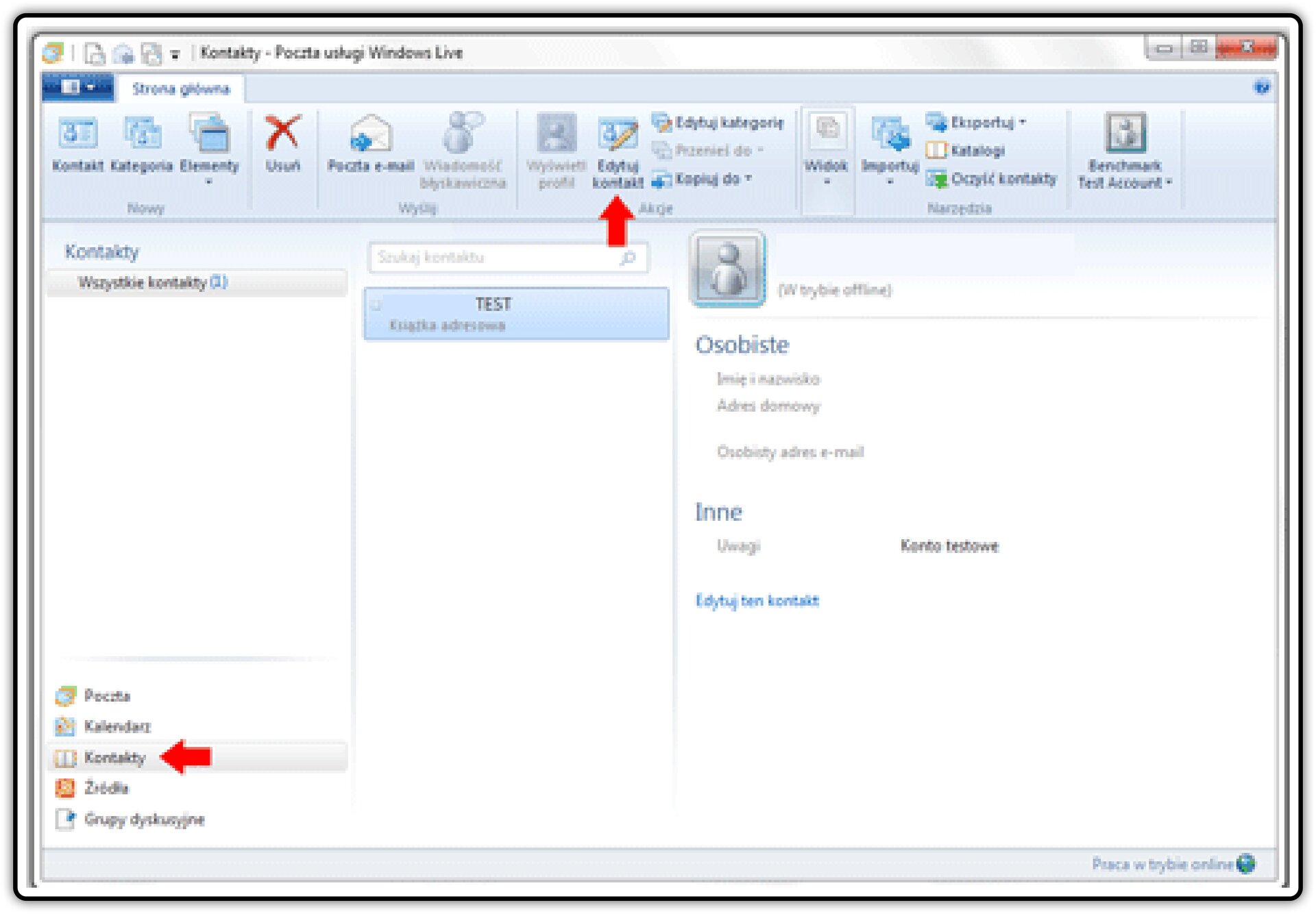 Zrzut okna Kontakty w usłudze Windows Live