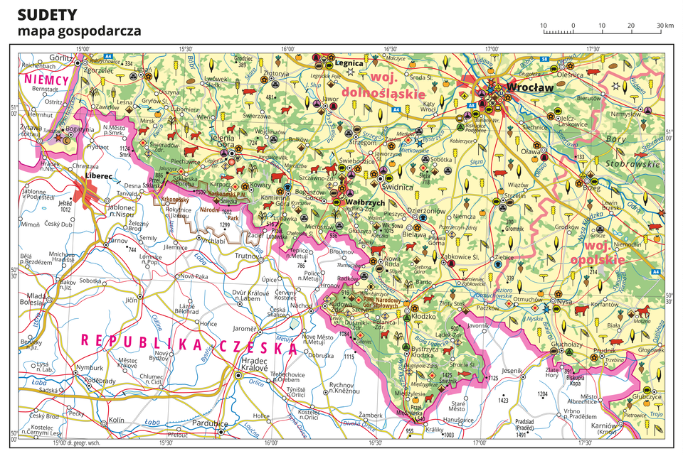 Ilustracja przedstawia mapę gospodarczą Sudetów. Tło części mapy obejmującej obszary Polski w kolorze żółtym (grunty orne), jasnozielonym (łąki i pastwiska) i zielonym (lasy). Mapa sięga od Zgorzelca na północnym zachodzie do Namysłowa i Głubczyc na wschodzie. Dużą część mapy na południu zajmuje Republika Czeska, w tej części mapy nie ma kolorów i sygnatur punktowych, zaznaczono jedynie miasta, sieć wodną, drogi i koleje. Na pozostałej części mapy sygnatury obrazujące uprawy poszczególnych roślin, hodowlę zwierząt, przemysł, górnictwo i energetykę, komunikację, turystykę, naukę, kulturę i sztukę. Największe zagęszczenie sygnatur we Wrocławiu i Wałbrzychu. Duże zagęszczenie sygnatur w Jeleniej Górze, Legnicy i Brzegu. Na obszarze całej mapy równomiernie rozłożone sygnatury związane z hodowlą zwierząt i uprawą roślin.Na mapie przedstawiono sieć dróg i kolei, porty wodne i lotnicze, granice województw, granicę państwa. Opisano województwa dolnośląskie i opolskie. Opisano Niemcy i Republikę Czeską. Opisano kompleksy leśne, na przykład Bory Stobrawskie i parki narodowe.Mapa zawiera południki i równoleżniki, dookoła mapy w białej ramce opisano współrzędne geograficzne co trzydzieści minut.