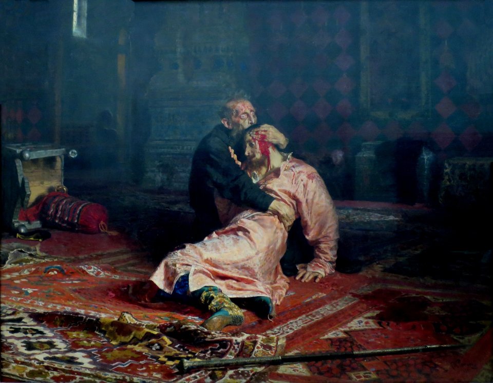Car Iwan Groźny nad ciałem zabitego przez siebie syna Car Iwan Groźny nad ciałem zabitego przez siebie syna Źródło: Ilya Repin, 1885, olej na płótnie, Tretyakov Gallery, Moscow, domena publiczna.