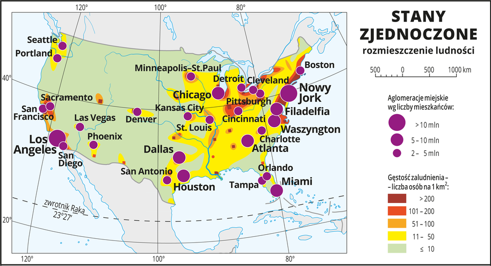 Ilustracja przedstawia mapę rozmieszczenia ludności w Stanach Zjednoczonych Ameryki Północnej. Kolorami od zielonego (w przewadze) przez żółty i pomarańczowy do czerwonego i brunatnego przedstawiono gęstość zaludnienia. Na wschodnich wybrzeżach przeważa kolor żółty (jedenaście do pięćdziesięciu osób na jeden kilometr kwadratowy). Wokół miast, które też przeważnie skupione są w tym rejonie – kolor pomarańczowy do brunatnego oznaczający dużą gęstość zaludnienia powyżej pięćdziesięciu osób na kilometr kwadratowy. Na mapie różnej wielkości sygnatury (koła) obrazujące aglomeracje miejskie wg liczby mieszkańców: Nowy Jork, Los Angeles– powyżej dziesięciu milionów mieszkańców. Houston, Atlanta, Chicago, Waszyngton, Filadelfia, Miami – od pięciu do dziesięciu milionów mieszkańców. Kilkanaście mniejszych sygnatur oznaczających miasta o liczbie mieszkańców od dwóch do pięciu milionów mieszkańców. Dookoła mapy w białej ramce opisano współrzędne geograficzne co dwadzieścia stopni. W legendzie umieszczono i opisano kolory i znaki użyte na mapie.