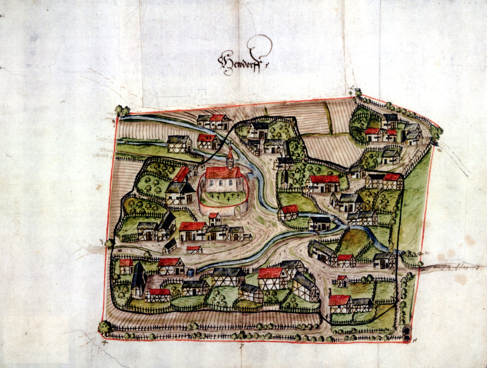 Widok niemieckiej wsi Heudorf w XVI wieku Widok niemieckiej wsi Heudorf w XVI wieku Źródło: domena publiczna.