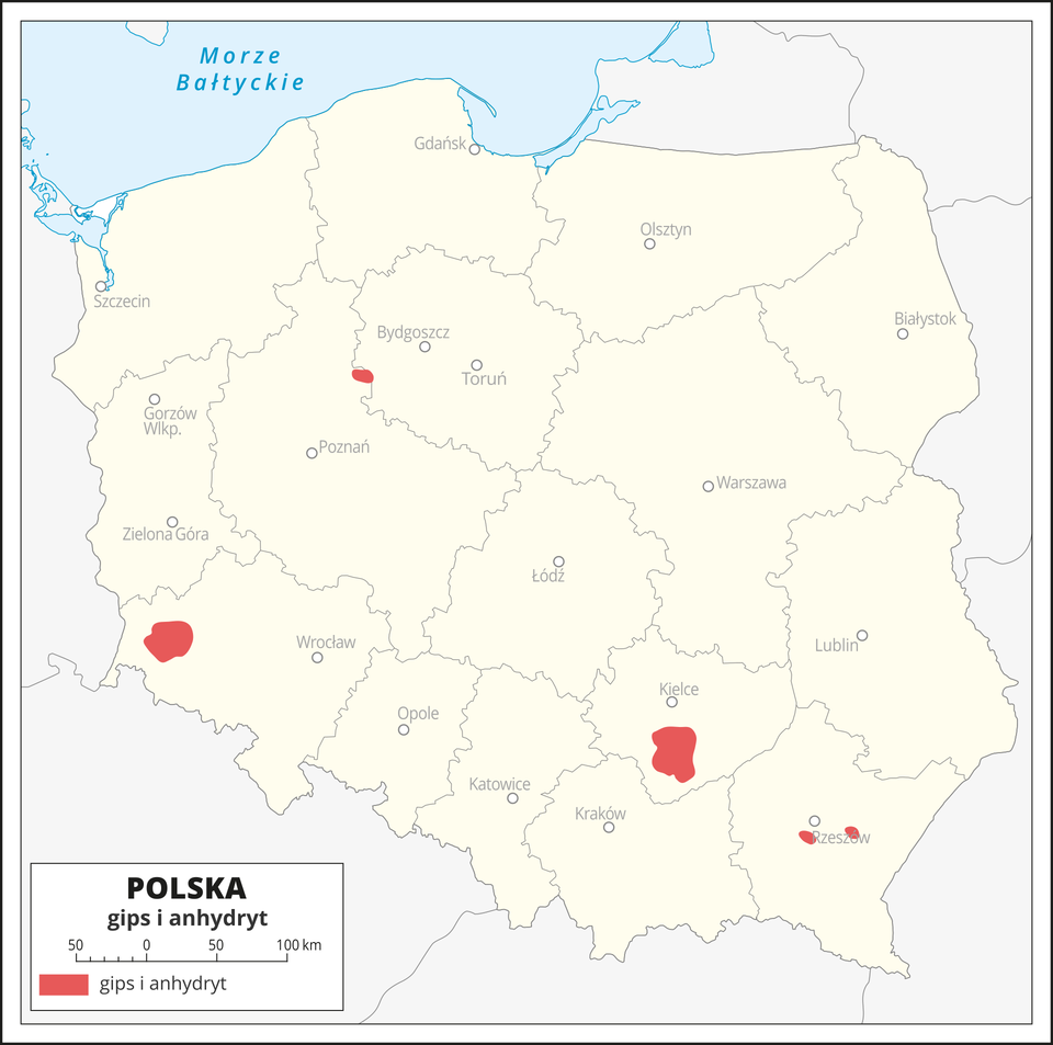 Rozmieszczenie złóż gipsu i anhydrytu na terenie Polski