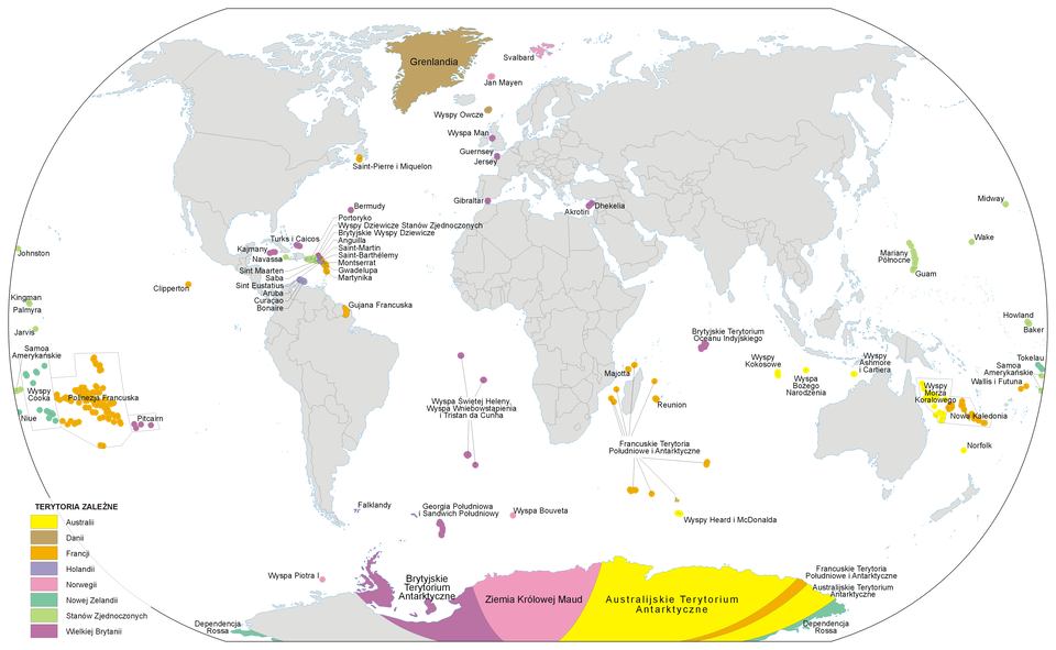 Na ilustracji mapa świata w owalnym kształcie. Lądy szare, morza białe. Kolorami zaznaczono terytoria zależne. Żółte – Australia, brązowe – Dania, pomarańczowe – Francja, fioletowe – Holandia, różowe – Norwegia, zielone – Nowa Zelandia, seledynowe – Stany Zjednoczone, śliwkowe – Wielka Brytania. Kolorami oznaczono głównie archipelagi małych wysepek oraz Grenlandię (brąz) i Antarktyda (różne kolory).