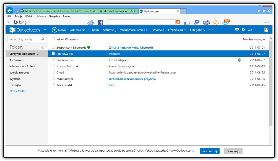 Zrzut okna skrzynki odbiorczej poczty Outlook.com