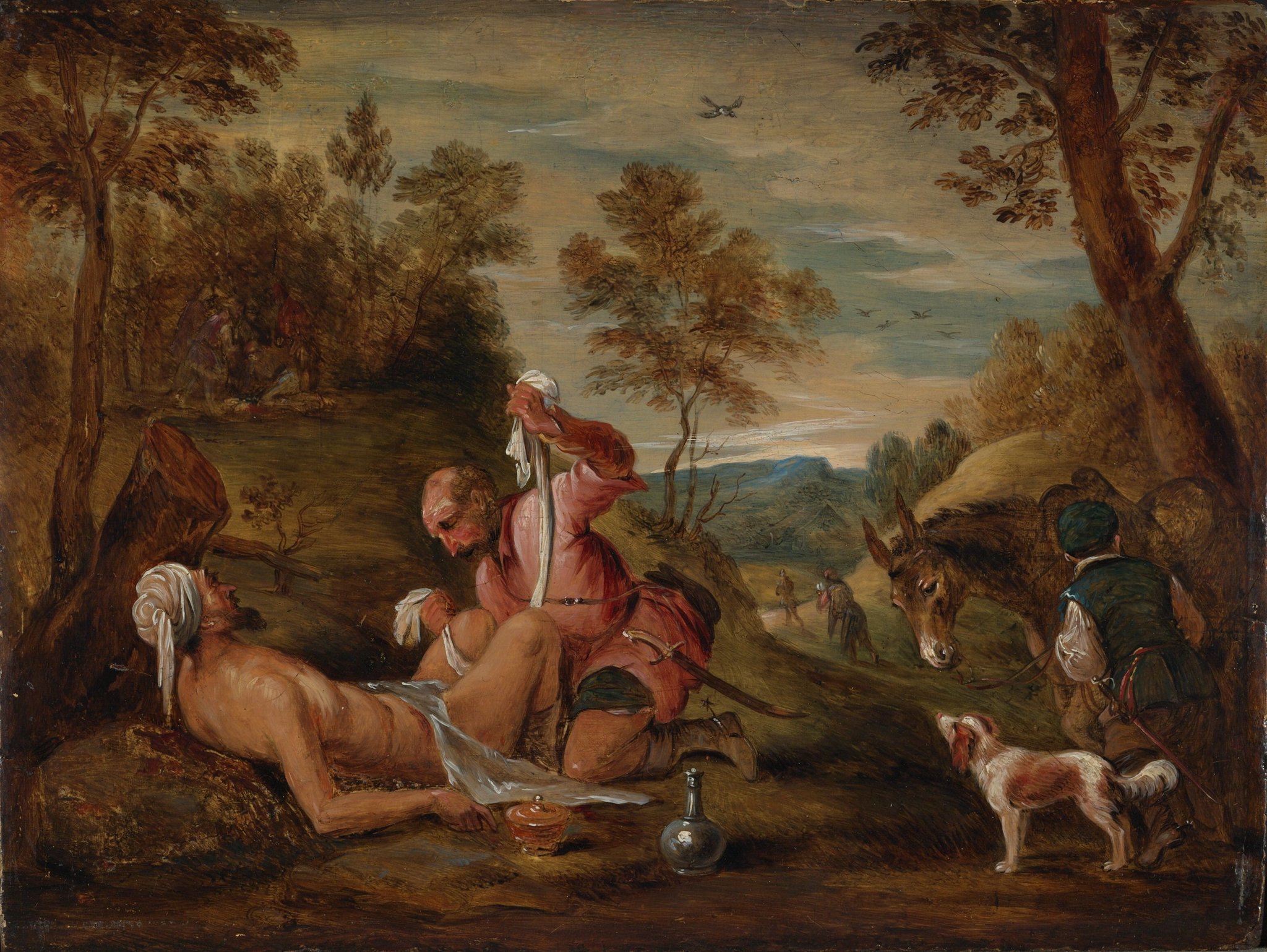 Dobry Samarytanin (według Jacopo Bassano) Źródło: David Teniers Młodszy, Dobry Samarytanin (według Jacopo Bassano), 1650–1656, Courtauld Insitute of Art, Londyn, domena publiczna.