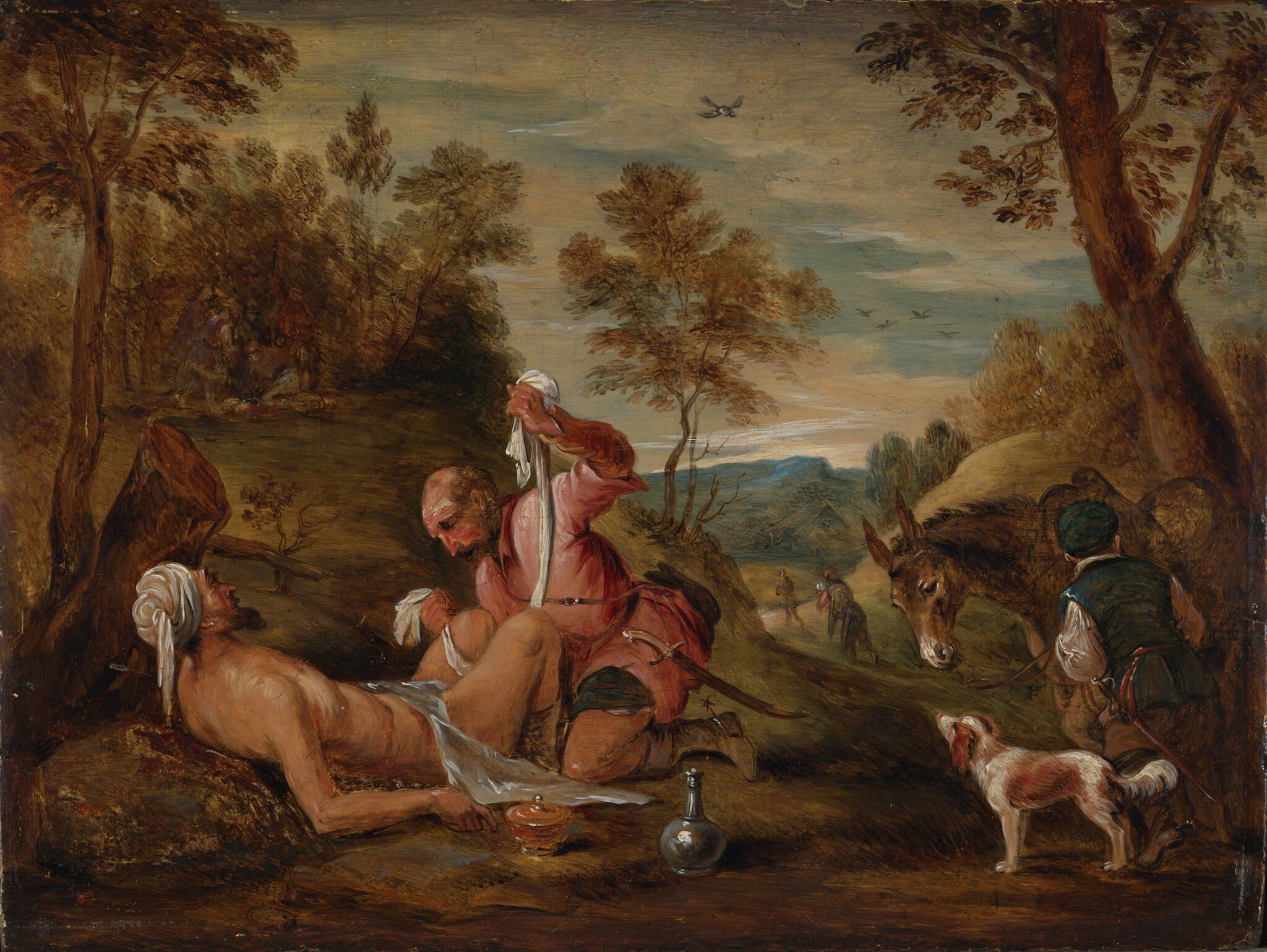 Dobry Samarytanin (według Jacopo Bassano) Źródło: David Teniers Młodszy, Dobry Samarytanin (według Jacopo Bassano), 1650–1656, Courtauld Insitute of Art, Londyn, domena publiczna.