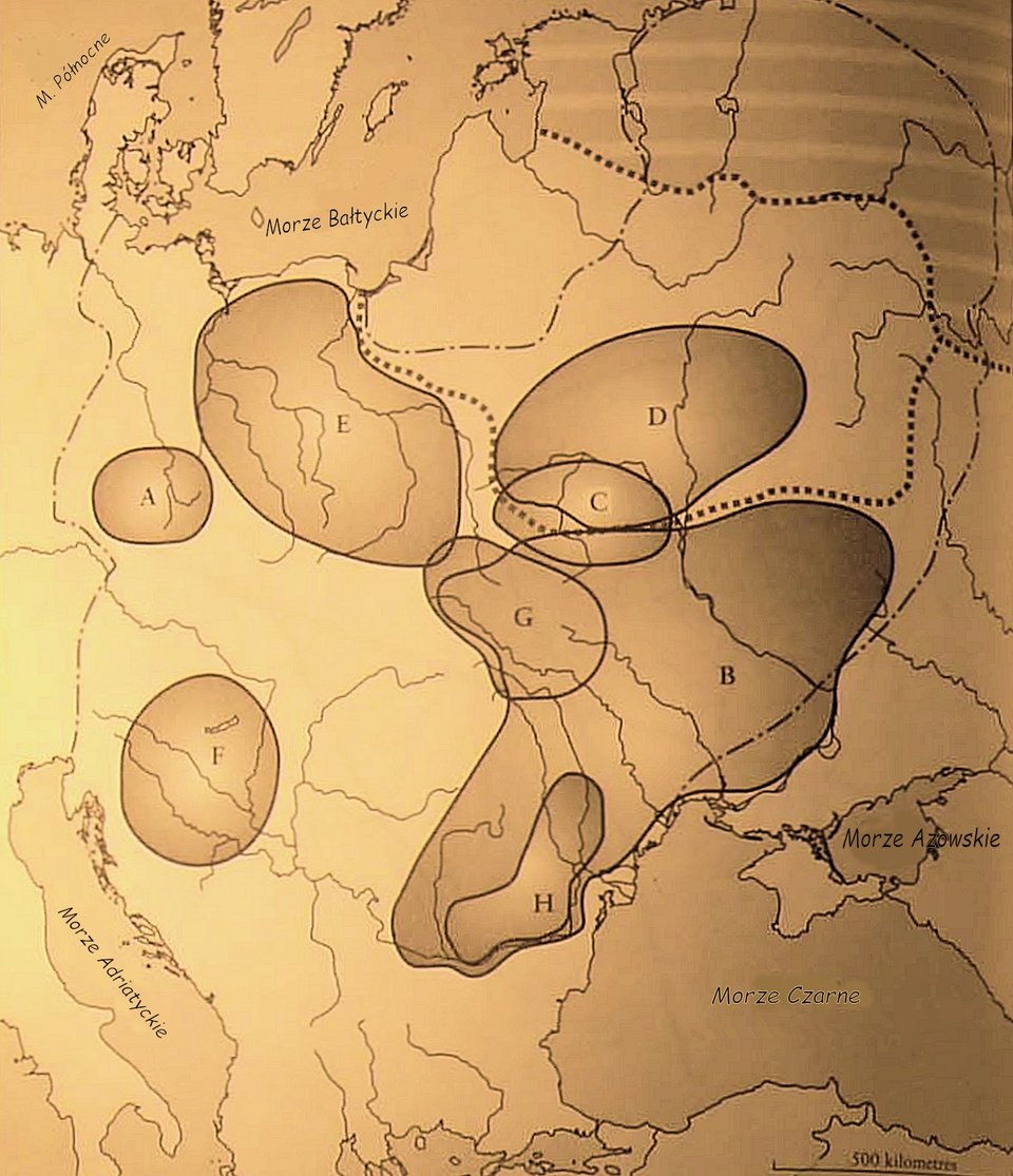 The Early Slavs: Culture and Society in Early Medieval Eastern Europe, s. 332 A – koncepcja czeska według Iwana Borkowskiego; B – koncepcja czernichowska według Borysa Rybakowa; C – koncepcja poleska według Iriny Rusanowej; D – koncepcja kijowska według Piotra Tretiakowa; E – koncepcja przeworska według Józefa Kostrzewskiego; F – koncepcja panońska Antona Korošeca; G – koncepcja karpacka Kazimierza Godłowskiego; H – koncepcja naddunajska Florina Curty. Źródło: P. M. Barford, The Early Slavs: Culture and Society in Early Medieval Eastern Europe, s. 332, 2001, tylko do użytku edukacyjnego na epodreczniki.pl.