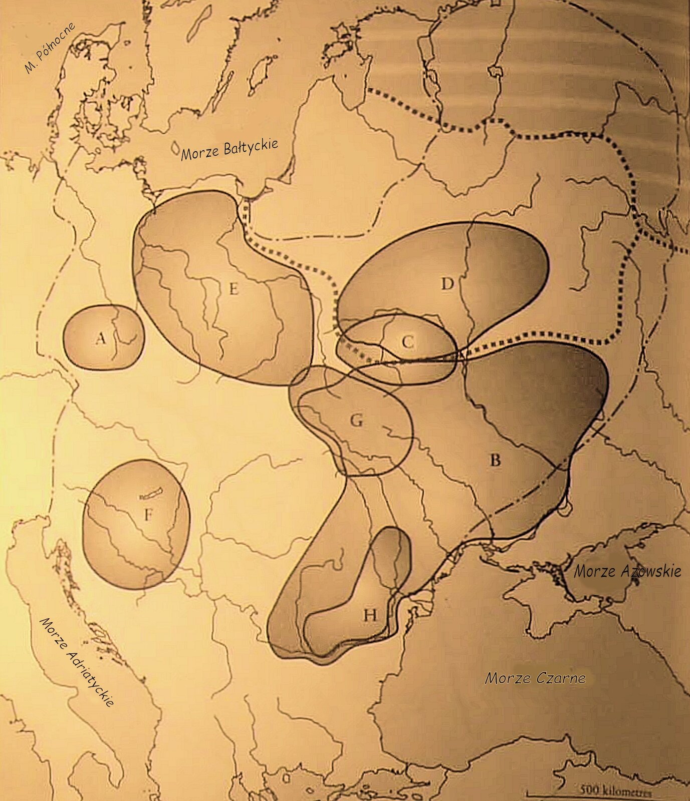 The Early Slavs: Culture and Society in Early Medieval Eastern Europe, s. 332 A – koncepcja czeska według Iwana Borkowskiego; B – koncepcja czernichowska według Borysa Rybakowa; C – koncepcja poleska według Iriny Rusanowej; D – koncepcja kijowska według Piotra Tretiakowa; E – koncepcja przeworska według Józefa Kostrzewskiego; F – koncepcja panońska Antona Korošeca; G – koncepcja karpacka Kazimierza Godłowskiego; H – koncepcja naddunajska Florina Curty. Źródło: P. M. Barford, The Early Slavs: Culture and Society in Early Medieval Eastern Europe, s. 332, 2001, tylko do użytku edukacyjnego na epodreczniki.pl.