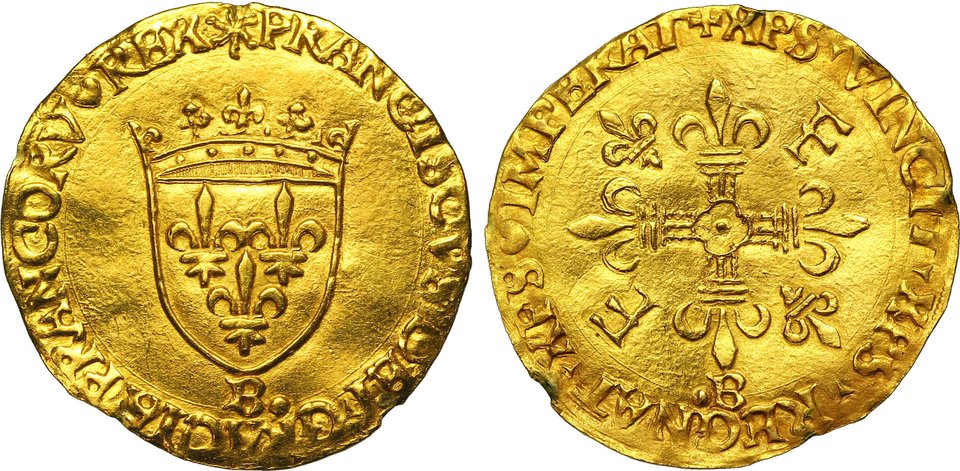 Francuska złota moneta – écu (denier d’or a l’ecu, w skrócie Ecu d’or, czyli złota tarcza). Ostatnią monetę wybito w 1793 r. Źródło: cgb.fr, Francuska złota moneta – écu (denier d’or a l’ecu, w skrócie Ecu d’or, czyli złota tarcza). Ostatnią monetę wybito w 1793 r. , licencja: CC BY-SA 3.0.