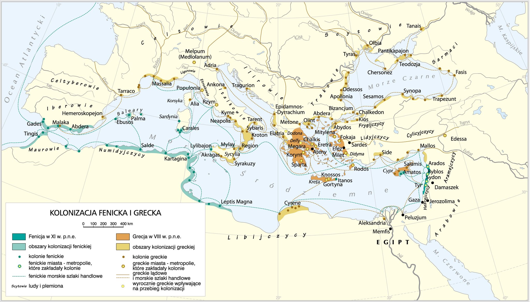 Mapa przedstawiająca basem Morza śródziemnego i Morza Czarnego. Różnymi kolorami oznaczone są wokół tych mórz miejsca, w których Grecy zakładali swoje kolonie