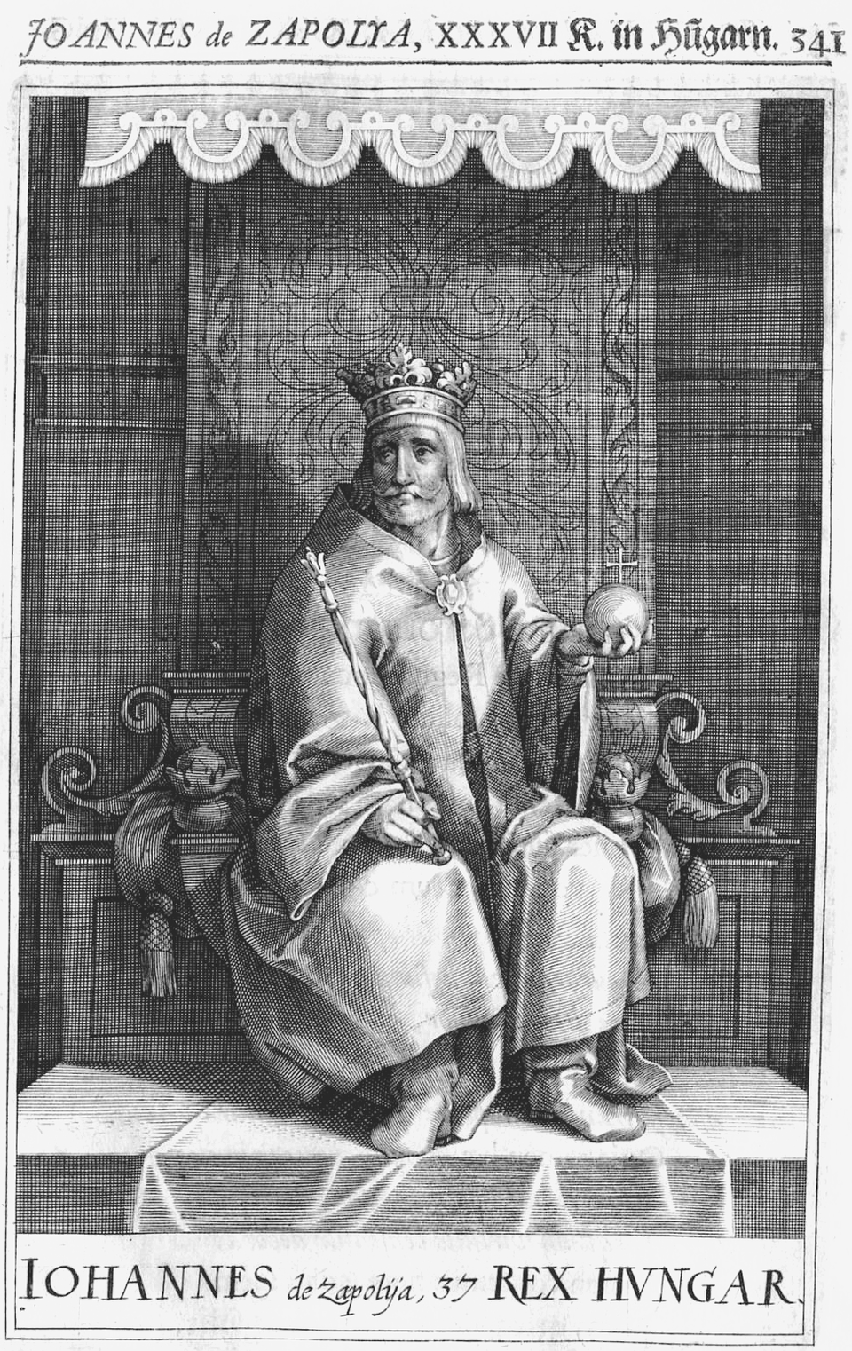 Ilustracja z kroniki "Wojna węgierska", której autorem był Kaspar Ursyn Velius (sekretarz Jana Thurzo, biskupa wrocławskiego). Jan Zápolya, król Węgier od 1526 r. Źródło: Jakub Schmutzer, Ilustracja z kroniki "Wojna węgierska", której autorem był Kaspar Ursyn Velius (sekretarz Jana Thurzo, biskupa wrocławskiego)., 1522, sztych, domena publiczna.