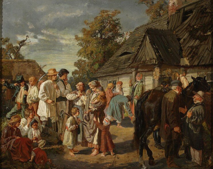 Sobota na folwarku; Wypłata robocizny Źródło: Józef Chełmoński, Sobota na folwarku; Wypłata robocizny, 1869, olej na płótnie, Muzeum Narodowe w Warszawie, domena publiczna.