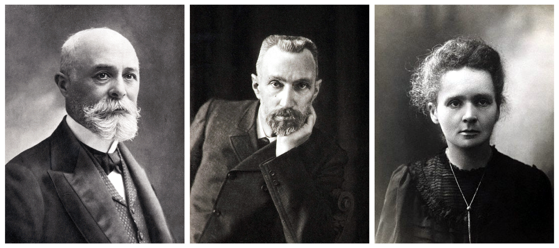Ilustracja przedstawia 3 zdjęcia badaczy promieniotwórczości. Zdjęcia ułożone w jednym rzędzie. Od lewej: Henri Becquerel, Piotr Curie i Maria Skłodowska-Curie. Zdjęcie pierwsze: mężczyzna w wieku ok. 60 lat. Łysy, jedynie po bokach głowy widoczne krótkie, siwe włosy. Czoło wysokie. Gęste, siwe wąsy i broda, starannie uczesane. Oczy duże, ciemne. Nas średni, uszy małe. Mężczyzna ubrany w elegancki płaszcz, kamizelkę, białą koszulę z kołnierzem typu stójka. Pod szyją zawiązano czarny, aksamitny materiał na wzór muchy. Drugie zdjęcie: mężczyzna w wieku ok. 55 lat. Włosy krótkie, siwiejące, uniesione do góry.. Wyraźne zakola. Czoło wysokie. Uszy delikatnie szpiczaste. Nos długi, prosty. Wąsy i broda z widocznymi siwymi pasmami. Mężczyzna ubrany w ciemny płaszcz zapinany na czarne guziki. Pod szyją widoczny kołnierz białej koszuli i czarny krawat. Mężczyzna pozuje do zdjęcia podpierając brodę lewą ręką. Trzecie zdjęcie: kobieta w wieku ok. 35 lat. Włosy puszyste, delikatnie kręcone. Czoło gładkie. Uszy małe. Usta średnie, nos mały, oczy duże. Łagodne rysy twarzy. Krótki podbródek. Kobieta ubrana w czarną bluzkę lub sukienkę, z długim rękawem. Na szyi zawieszony długi łańcuszek.