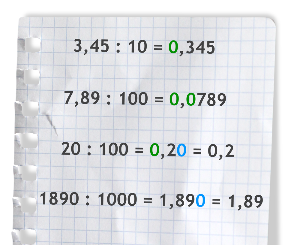 "Przykłady: 3,45 dzielone przez 10 =0,345