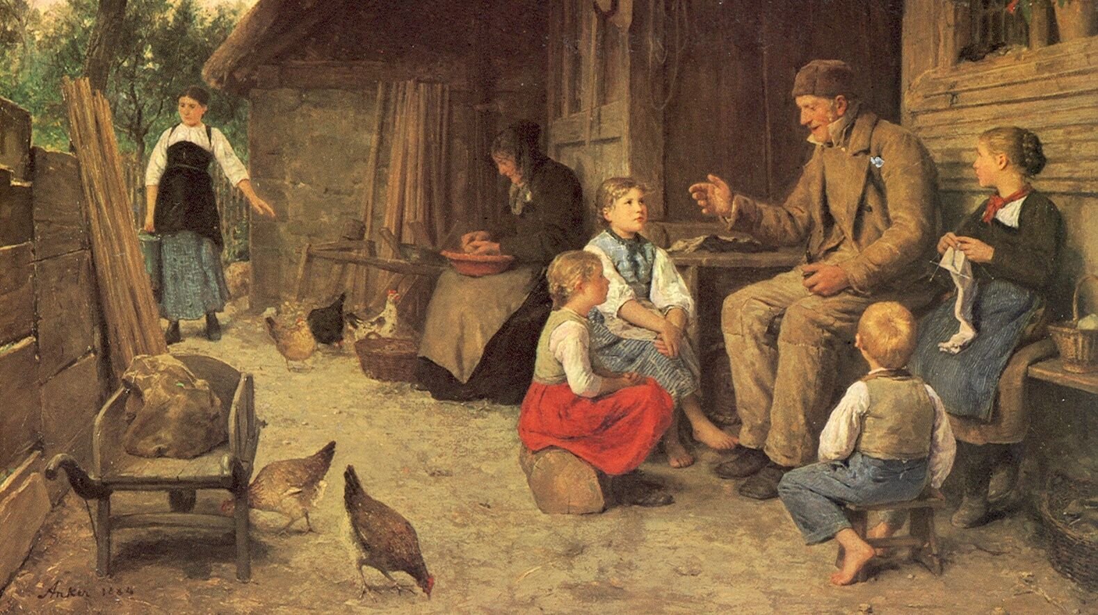 Dziadek opowiada bajkę Źródło: Albert Anker, Dziadek opowiada bajkę, 1884, domena publiczna.
