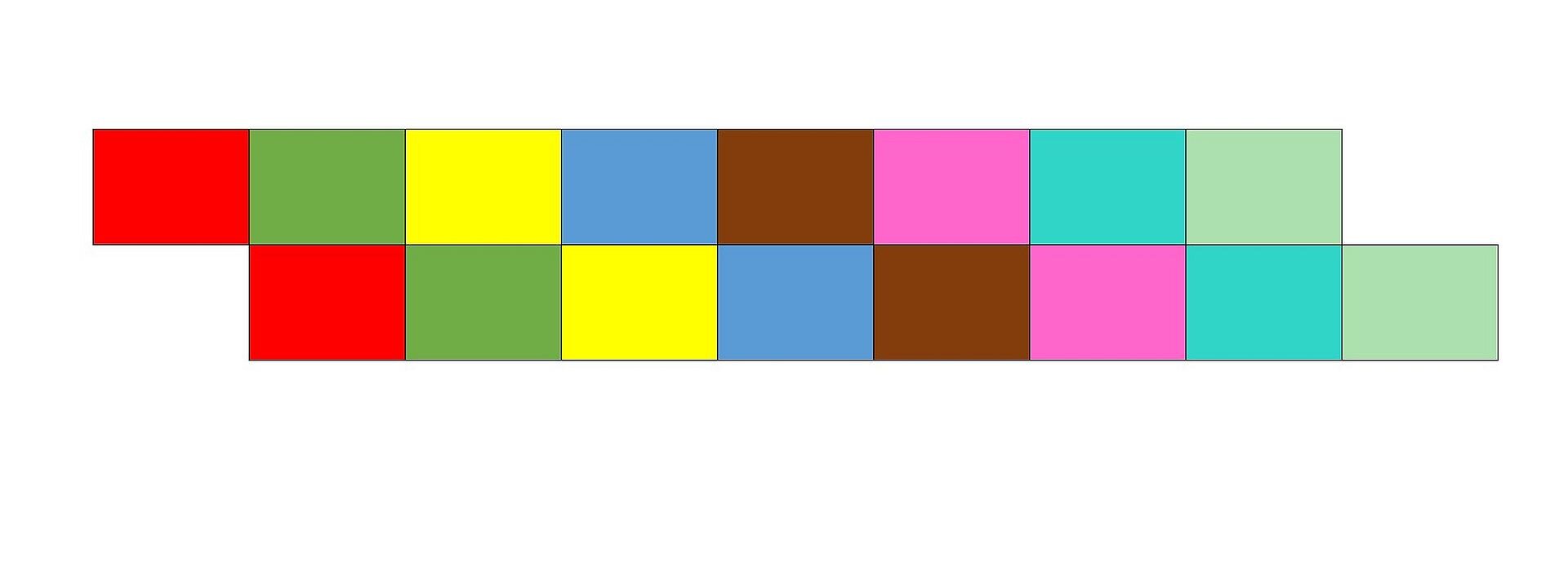 Ilustracja przedstawia schemat kanonu dwugłosowego, w którym drugi głos powtarza po jednym takcie. Melodię przedstawiono jako szereg kolorowych prostokątów. Występują one w ustalonym porządku: czerwony, zielony, żółty, niebieski, brązowy, purpurowy, morski, seledynowy. W zapisie są dwa rzędy. W obu rzędach kolory występują w tej samej kolejności, tylko w drugim rzędzie są przesunięte o jeden. Na przykład pod zielonym znajduje się czerwony, pod żółtym zielony itd.