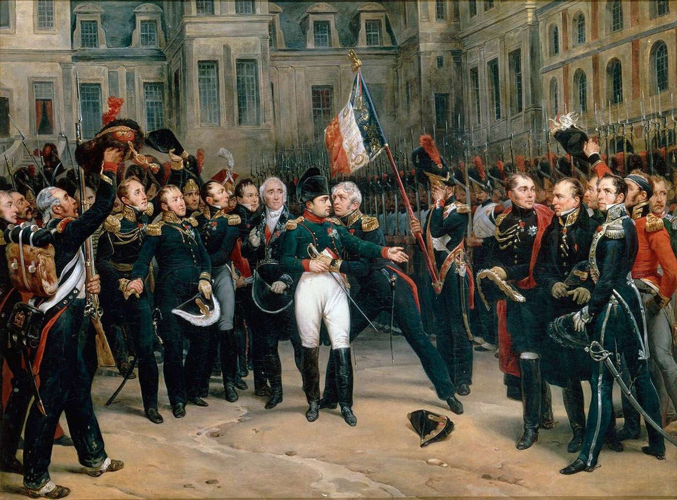 Pożegnanie Napoleona z gwardią imperialną (1814) Źródło: Antoine Alphonse Montfort, Pożegnanie Napoleona z gwardią imperialną (1814), XIX wiek, Palace of Versailles, domena publiczna.