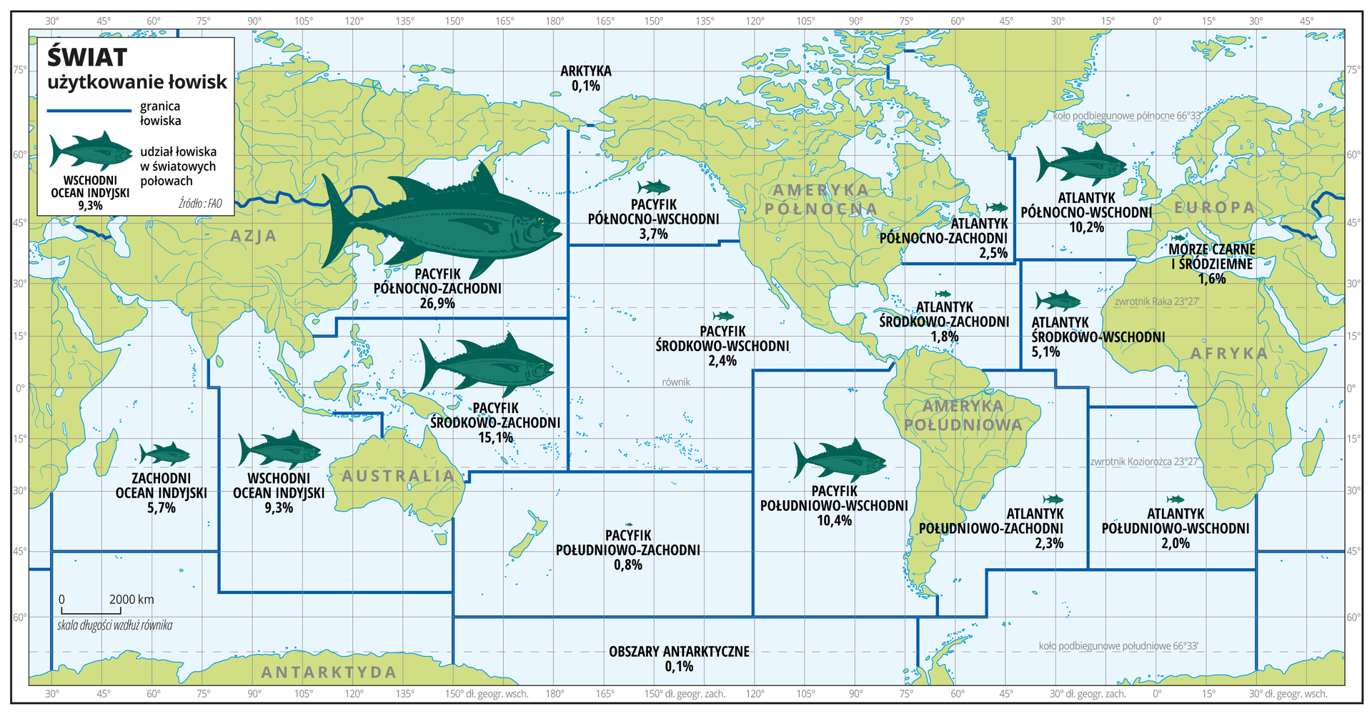 Ilustracja przedstawia mapę świata. Wody zaznaczono kolorem niebieskim. Opisano kontynenty.Na mapie za pomocą niebieskich linii przedstawiono granice łowisk. Na obszarze Oceanu Spokojnego i Atlantyckiego wydzielono po sześć łowisk, na obszarze Oceanu Indyjskiego – dwa łowiska. Za pomocą sygnatur ryb o zróżnicowanej wielkości przedstawiono udział danego łowiska w połowach światowych. Opisano wartości liczbowe w procentach. Największa sygnatura znajduje się na terenie łowiska Pacyfiku Północno-Zachodniego – dwadzieścia sześć procent udziału łowiska w połowach światowych.Mapa pokryta jest równoleżnikami i południkami. Dookoła mapy w białej ramce opisano współrzędne geograficzne co piętnaście stopni.Na górze w legendzie mapy objaśniono znaki użyte na mapie.