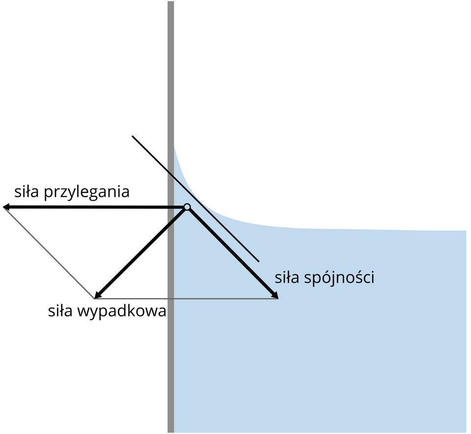 Ilustracja przedstawia mechanizm powstawania menisku wklęsłego. Schemat przedzielony na pół ponową linią. Linia szara. Lewa część schematu cała biała. Prawa część w górnej połowie biała. Dolna część błękitna. Prawa część schematu imituje szklankę z wodą. Powierzchnia wody w środkowej części płaska. Tuż przy krawędzi ściany, powierzchnia wody delikatnie unosi się. Powierzchnia wody i krawędź ściany nie tworzą kąta prostego. Na schemacie oznaczono strzałkami wektory trzech sił. Siły przylegania, siły spójności i siły wypadkowej.
