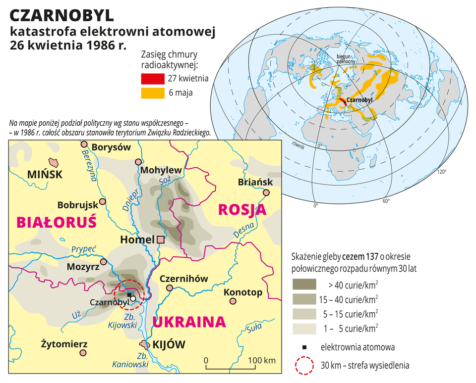 Ilustracja zawiera mapę okolic Czarnobyla na Ukrainie z zaznaczonym kolorowymi plamami skażeniem gleby cezem 137. Od najciemniejszego w Czarnobylu do najjaśniejszego w promieniu trzystu kilometrów od miejsca katastrofy. Na drugiej mapie – mapie świata – zasięg chmury radioaktywnej w dniu wybuchu – w okolicach Czarnobyla i dziesięć dni później – północna, środkowa i wschodnia Azja oraz Grenlandia i północne krańce Ameryki Północnej.