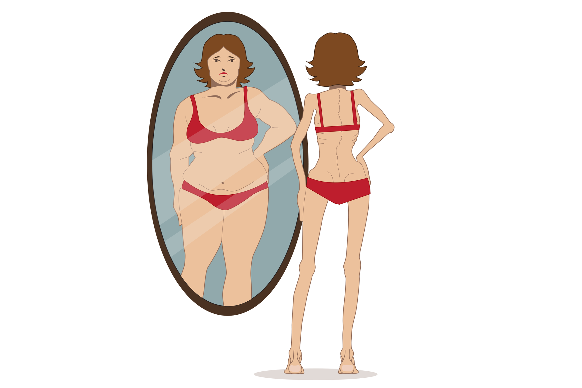 Ilustracja przedstawia chudą dziewczynę z brązowymi włosami i w czerwonym bikini przed lustrem. W lustrze fałszywy obraz otyłej dziewczyny. Ma smutną minę.