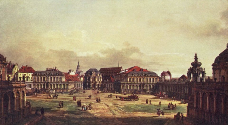 Zwingerhof w Dreźnie widziany z fortyfikacji Źródło: Bernardo Bellotto, Zwingerhof w Dreźnie widziany z fortyfikacji, ok. 1752, Olej na płótnie, Galeria Obrazów Starych Mistrzów w Dreźnie, domena publiczna.