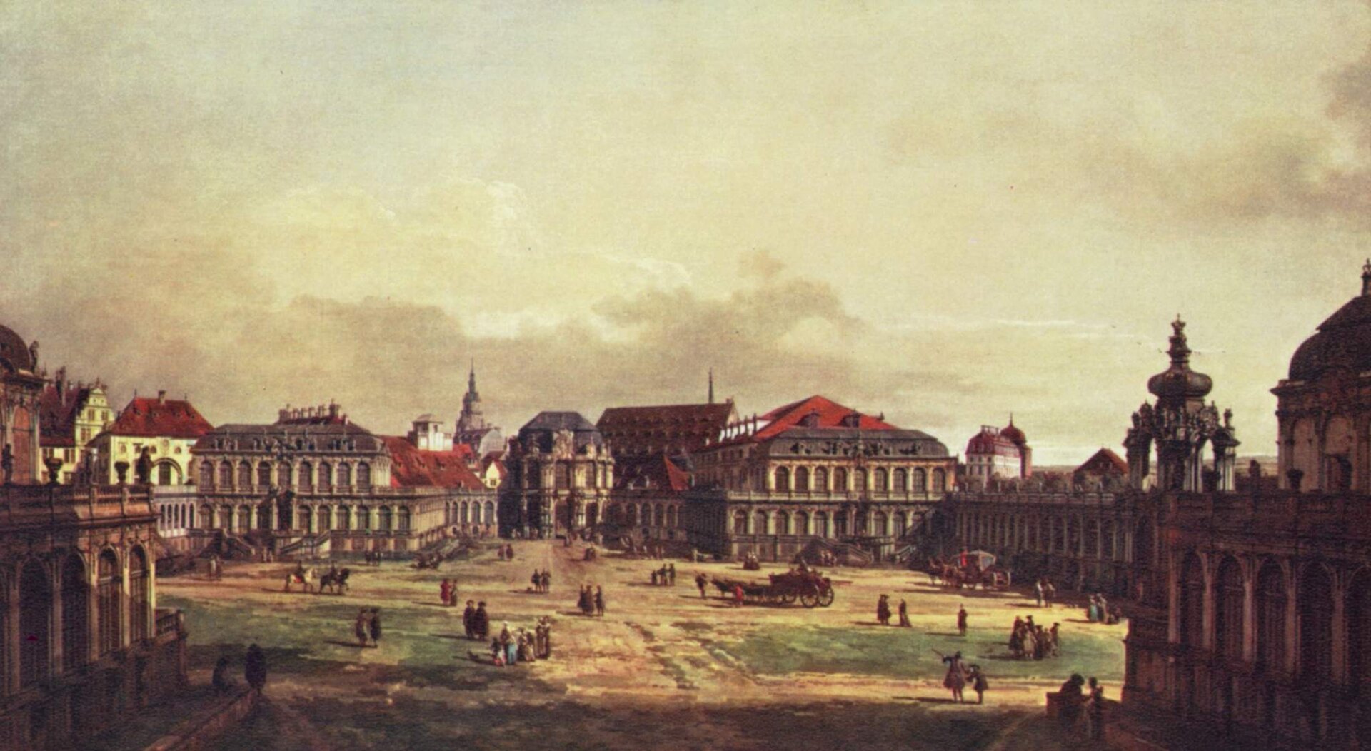 Zwingerhof w Dreźnie widziany z fortyfikacji Źródło: Bernardo Bellotto, Zwingerhof w Dreźnie widziany z fortyfikacji, ok. 1752, Olej na płótnie, Galeria Obrazów Starych Mistrzów w Dreźnie, domena publiczna.