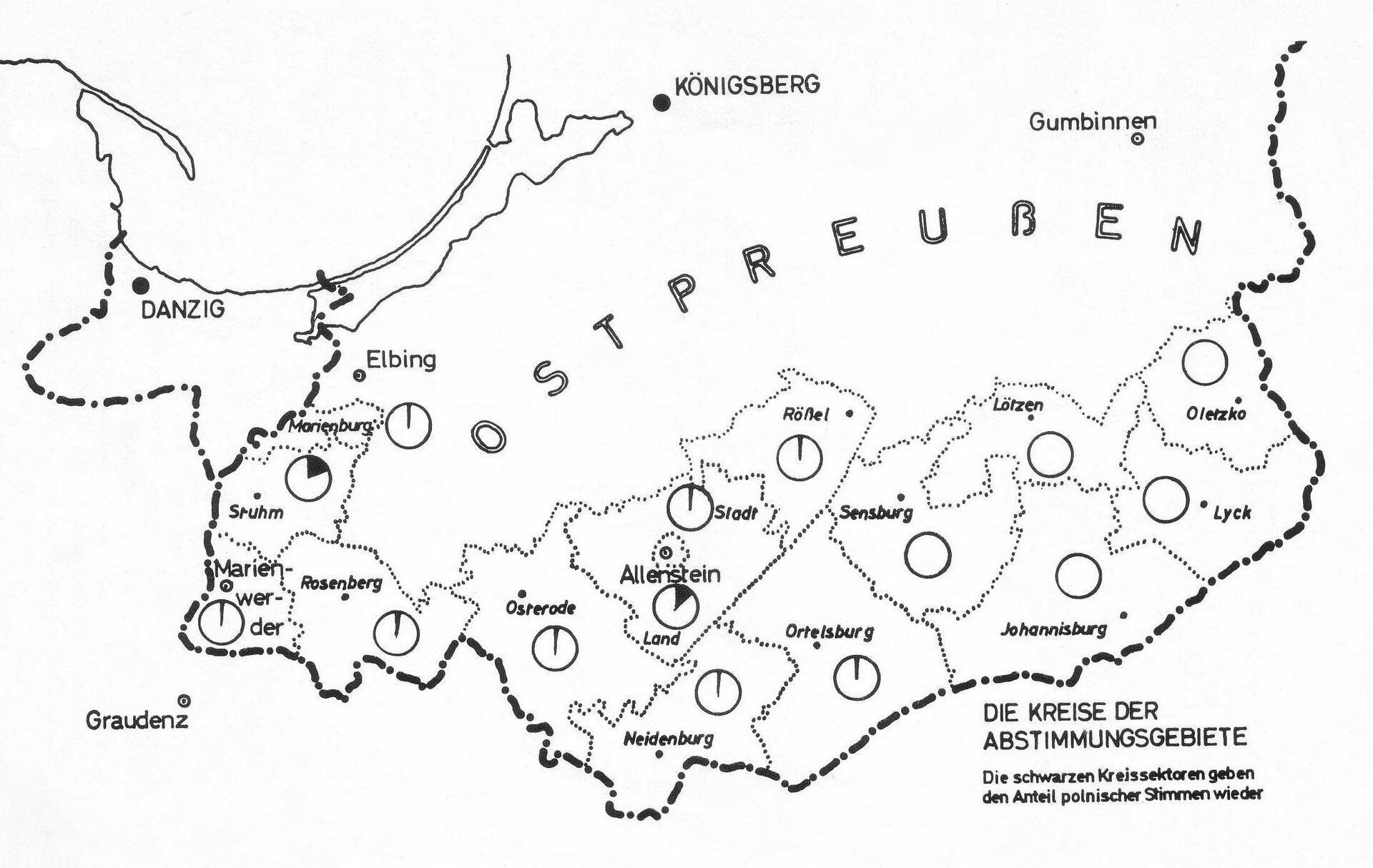 Odwzorowanie graficzne wyników plebiscytu dla poszczególnych jednostek terytorialnych Warmii i Powiśla Czarny kolor na diagramach odpowiadających poszczególnym powiatom oznacza procent głosujących za przynależnością do Polski. Źródło: Odwzorowanie graficzne wyników plebiscytu dla poszczególnych jednostek terytorialnych Warmii i Powiśla, 1920, domena publiczna.