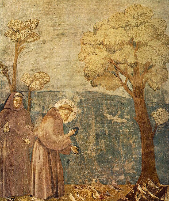 Kazanie świętego Franciszka do ptaków Źródło: Giotto di Bondone, Kazanie świętego Franciszka do ptaków, 1295, Bazylika Św. Franciszka w Asyżu, domena publiczna.
