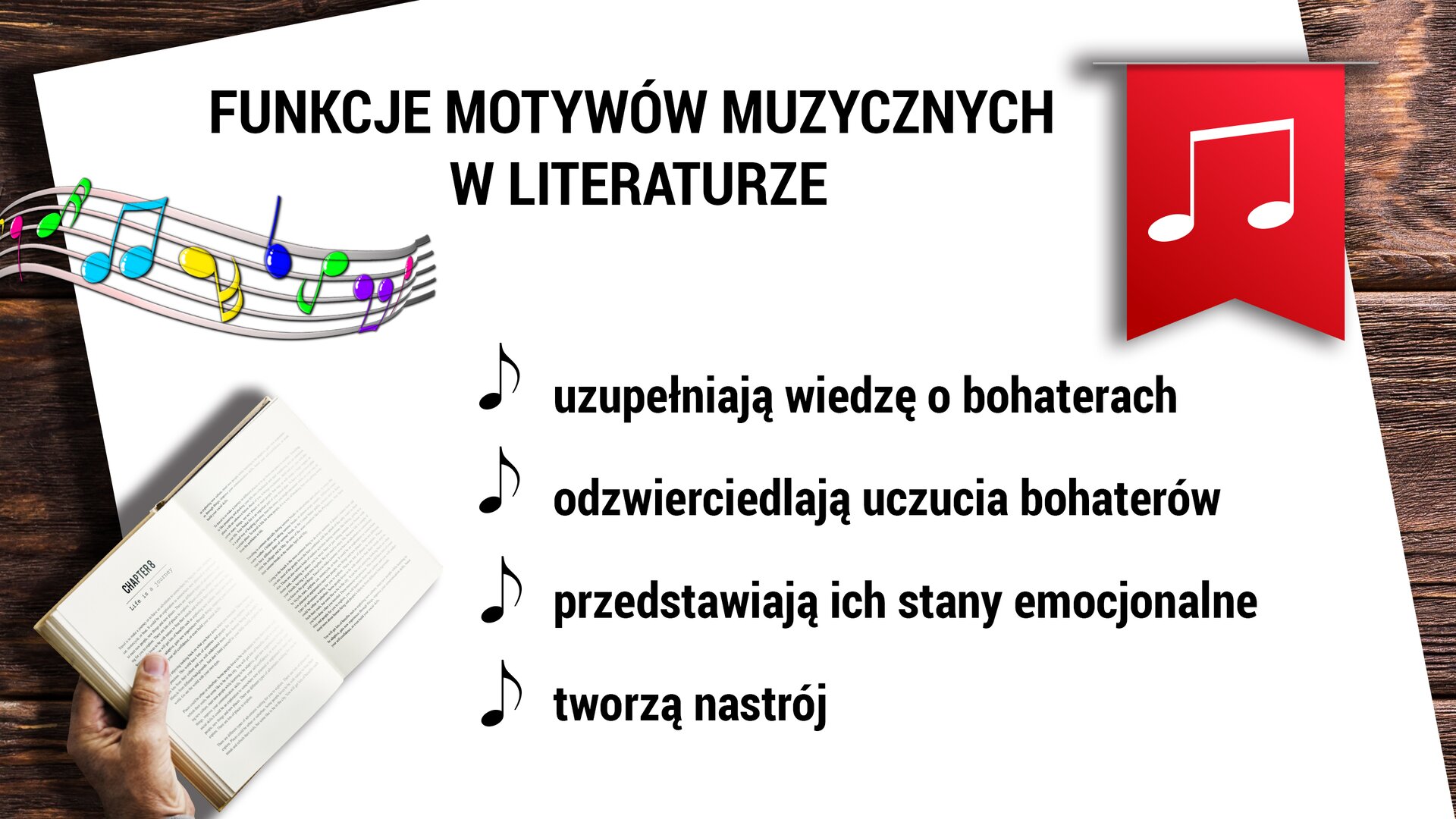 Ilustracja przedstawia kartkę papieru znajdującą się na drewnianym biurku. Na kartce wymienione są cztery funkcje motywów muzycznych w literaturze: „uzupełniają wiedzę o bohaterach; odzwierciedlają uczucia bohaterów; przedstawiają ich stany emocjonalne; tworzą nastrój”. Z lewej strony kartki widać powyginaną, kolorową pięciolinię z nutkami. Po prawej stronie znajduje się czerwona chorągiewka skierowana w dół. Na chorągiewce znajduje się nutka. W lewym dolnym rogu znajduje się otwarta książka oraz dłoń osoby, która ją trzyma.